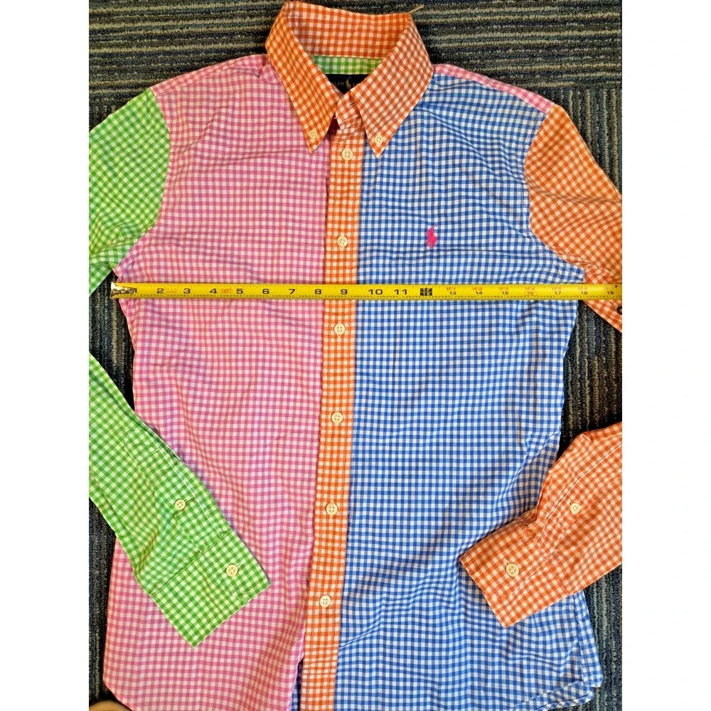 Ralph Lauren Boys Sz 8 Gingham Colorblock Button Down Shirt Multi Color Preppy